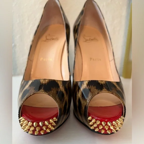 Christian Louboutin Brown/Beige Leopard Print Spikes Platform Pump - Picture 2 of 10
